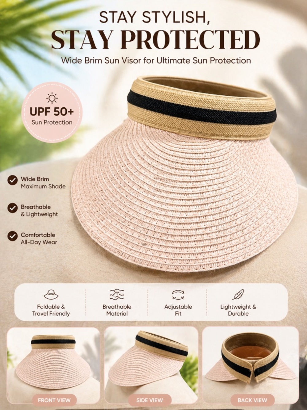 Time and Tru Pink Wide Brim Roll-Up Sun Visor with Tan and Black Trim
